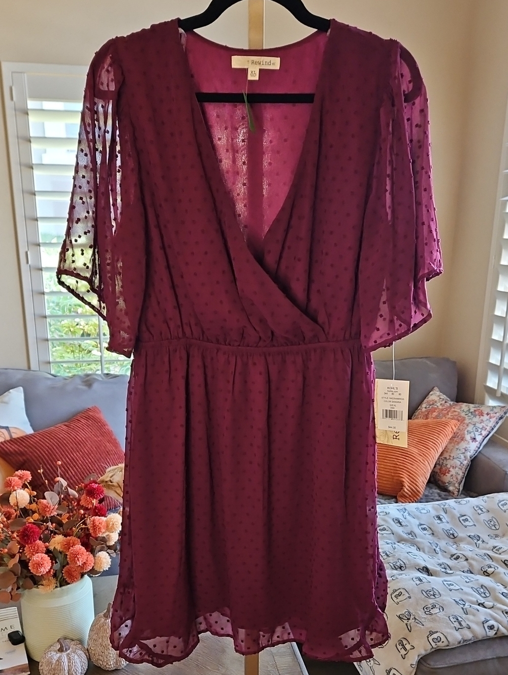 Rewind Women's Plum Swiss Dot Wrap Mini Dress